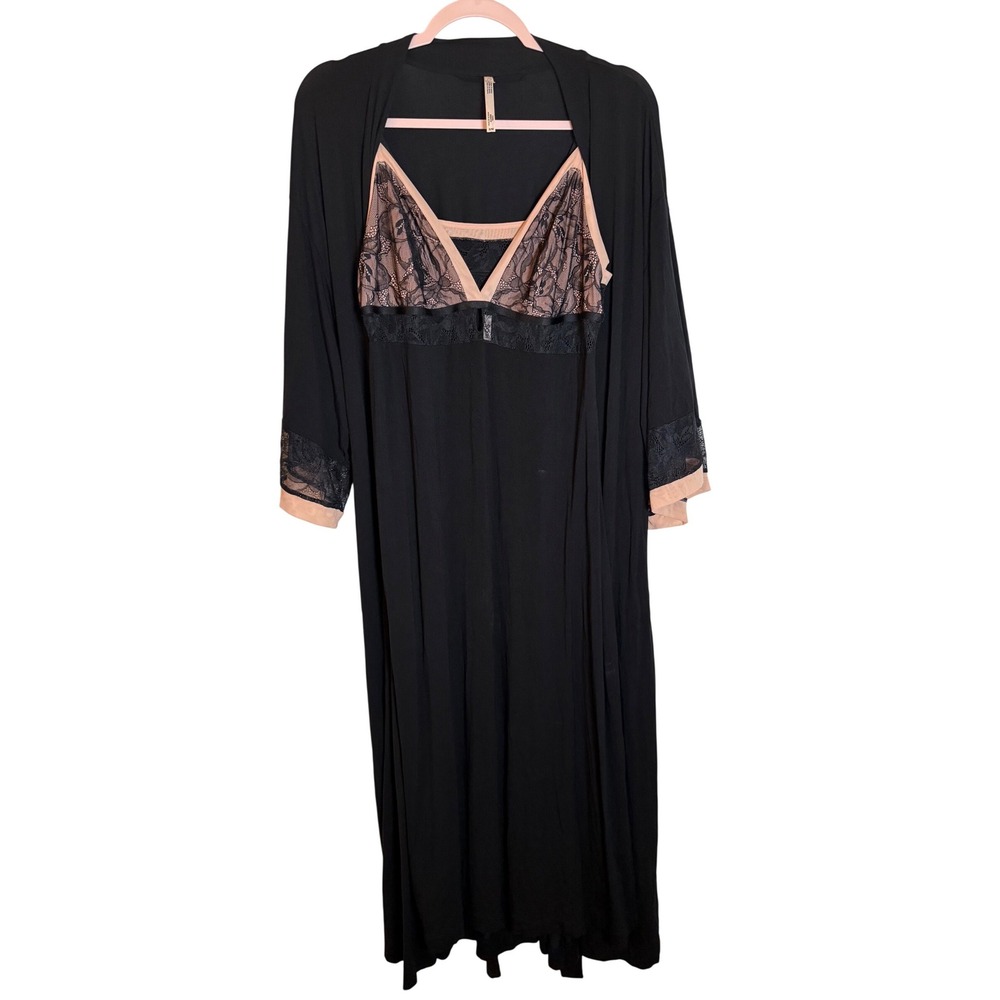 Soma Cool Nights Nightgown and Robe Set Black Pink Lace Trim Medium 2 Piece Set - Picture 1 of 15